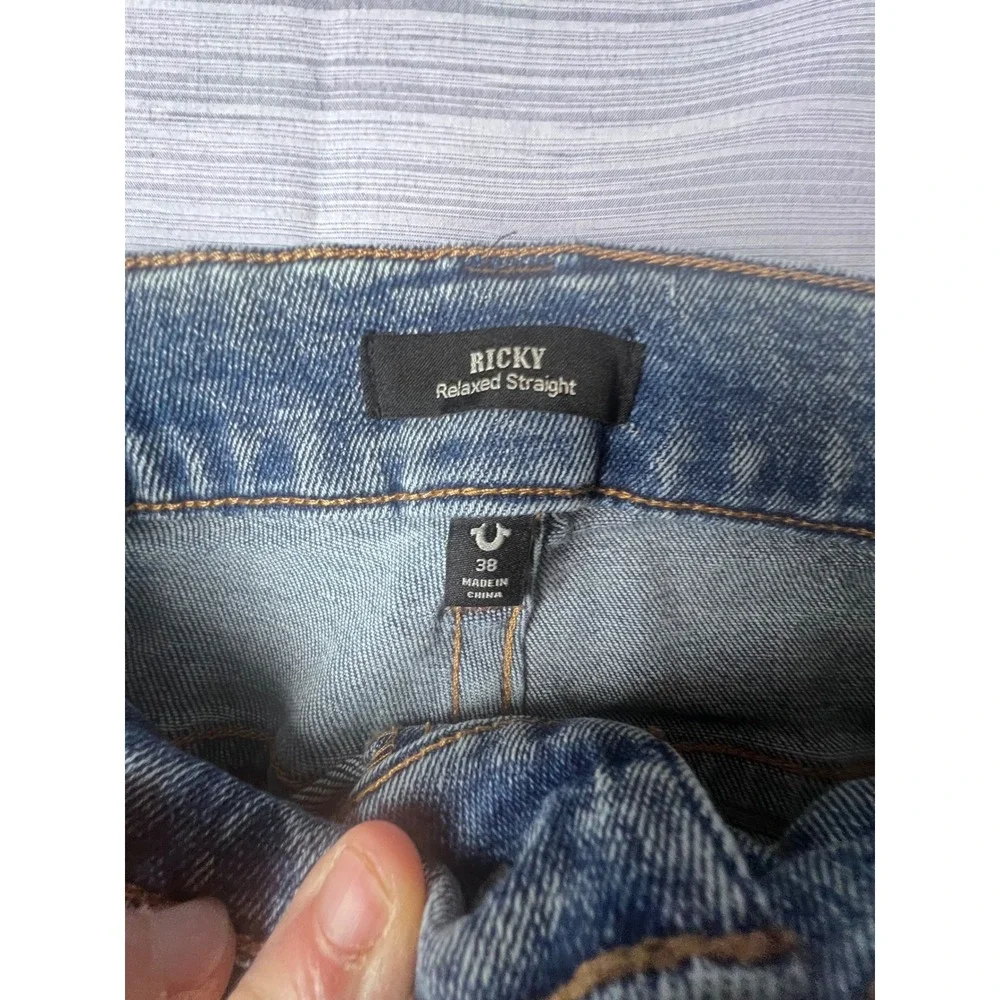 True Religion Ricky Relaxed Straight Jeans Mens 38 Blue Faded Horseshoe Denim
